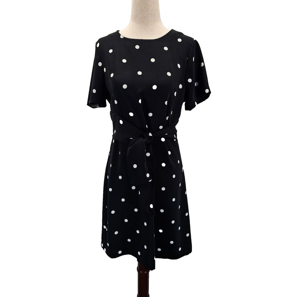 Ann Taylor Dress Womens Black White Dotted Short Sleeve Size 6P‎ Lined Tie Front